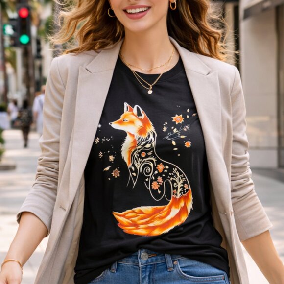 Tops - Floral Fox Graphic Tee – Artistic Cotton T-Shirt Black – Size [S/M/L/XL] NEW